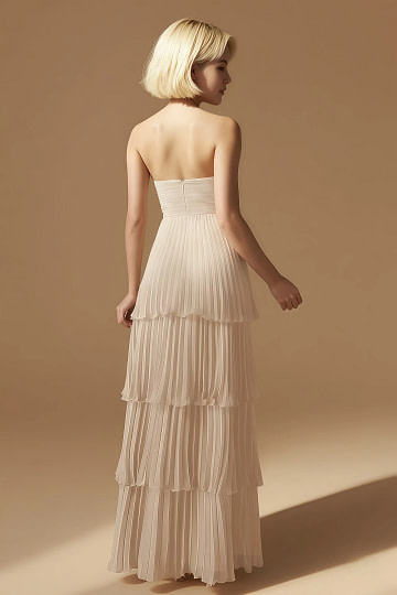 Akaks Veda Champagne Dress for Wedding Guest A-Line Strapless Sweetheart Neckline Floor Length Chiffon Dress with Tiered Ruffle Image994985
