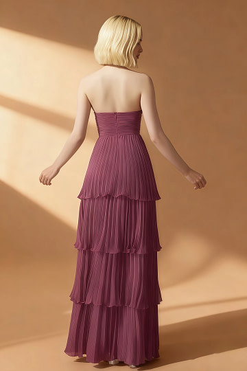 Akaks Veda Chianti Wedding Guest Dress A-Line Strapless Sweetheart Neckline Floor Length Chiffon Dress with Tiered Ruffle Image701089