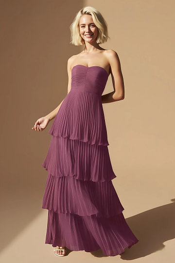 Akaks Veda Chianti Wedding Guest Dress A-Line Strapless Sweetheart Neckline Floor Length Chiffon Dress with Tiered Ruffle Image947477