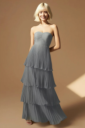 Akaks Veda Dark Grey Wedding Guest Dress A-Line Strapless Sweetheart Neckline Floor Length Chiffon Dress with Tiered Ruffle Image706468