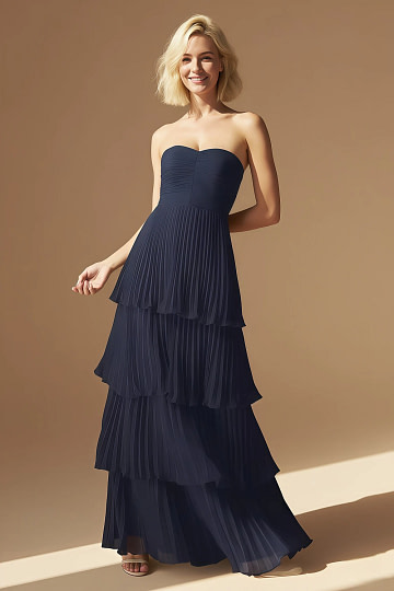 Akaks Veda Dark Navy Wedding Guest Dress A-Line Strapless Sweetheart Neckline Floor Length Chiffon Dress with Tiered Ruffle Image100207