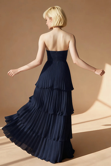Akaks Veda Dark Navy Wedding Guest Dress A-Line Strapless Sweetheart Neckline Floor Length Chiffon Dress with Tiered Ruffle Image776073