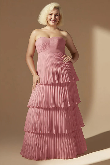 Akaks Veda Desert Rose Wedding Guest Dress Plus Size A-Line Strapless Sweetheart Neckline Floor Length Chiffon Dress with Tiered Ruffle Image270135