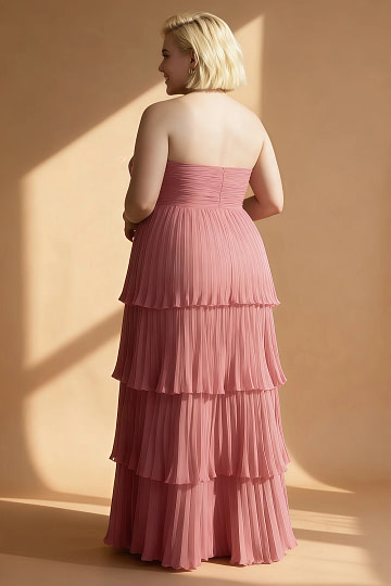 Akaks Veda Desert Rose Wedding Guest Dress Plus Size A-Line Strapless Sweetheart Neckline Floor Length Chiffon Dress with Tiered Ruffle Image291088