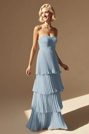 Akaks Veda Dusty Blue Dresses for Wedding Guest A-Line Strapless Sweetheart Neckline Floor Length Chiffon Dress with Tiered Ruffle Image297917