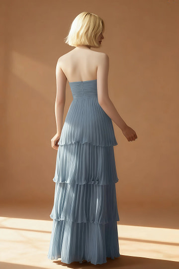 Akaks Veda Dusty Blue Dresses for Wedding Guest A-Line Strapless Sweetheart Neckline Floor Length Chiffon Dress with Tiered Ruffle Image683220