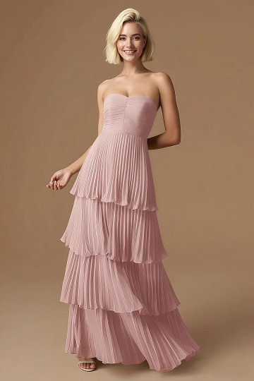 Akaks Veda Dusty Rose Dresses for Wedding Guest A-Line Strapless Sweetheart Neckline Floor Length Chiffon Dress with Tiered Ruffle Image782711