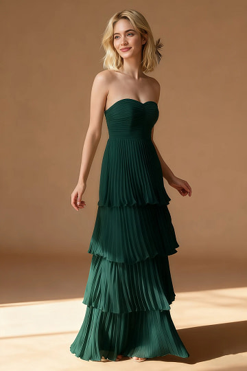 Akaks Veda Emerald Green Wedding Guest Dress A-Line Strapless Sweetheart Neckline Floor Length Chiffon Dress with Tiered Ruffle Image790232