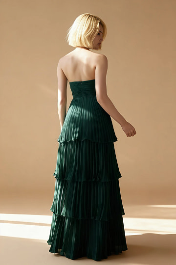 Akaks Veda Emerald Green Wedding Guest Dress A-Line Strapless Sweetheart Neckline Floor Length Chiffon Dress with Tiered Ruffle Image952404