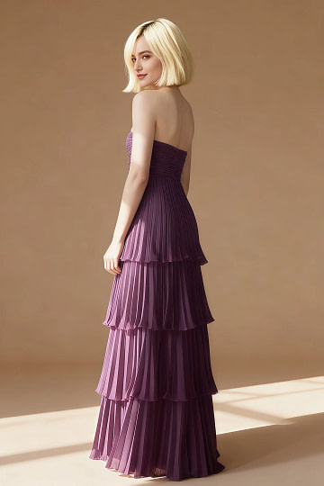 Akaks Veda Grape Wedding Guest Dress A-Line Strapless Sweetheart Neckline Floor Length Chiffon Dress with Tiered Ruffle Image238988