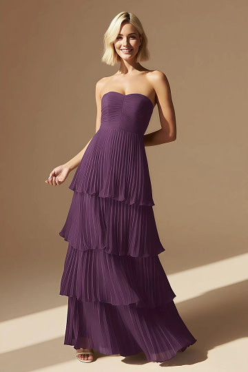 Akaks Veda Grape Wedding Guest Dress A-Line Strapless Sweetheart Neckline Floor Length Chiffon Dress with Tiered Ruffle Image738044