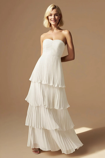 Akaks Veda Ivory Wedding Guest Dress A-Line Strapless Sweetheart Neckline Floor Length Chiffon Dress with Tiered Ruffle Image427812