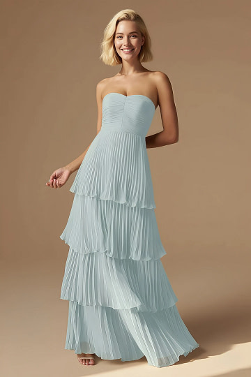 Akaks Veda Light Blue Dress for Wedding Guest A-Line Strapless Sweetheart Neckline Floor Length Chiffon Dress with Tiered Ruffle Image461343