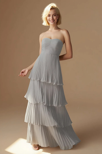 Akaks Veda Light Grey Wedding Guest Dress A-Line Strapless Sweetheart Neckline Floor Length Chiffon Dress with Tiered Ruffle Image466444