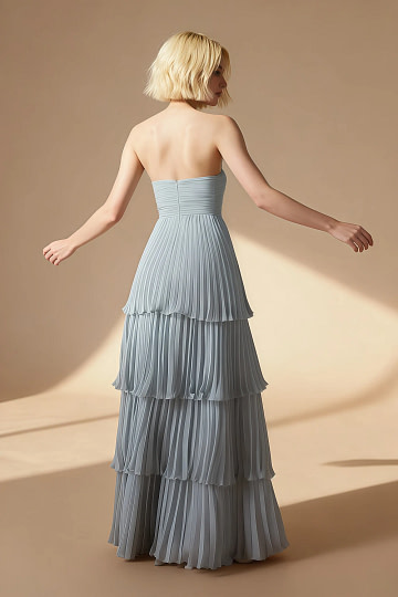Akaks Veda Light Grey Wedding Guest Dress A-Line Strapless Sweetheart Neckline Floor Length Chiffon Dress with Tiered Ruffle Image751488