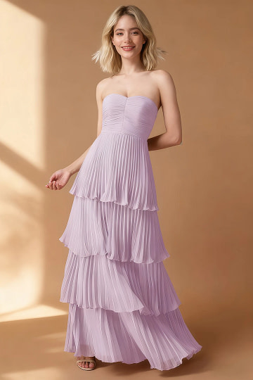 Akaks Veda Lilac Wedding Dress Guest A-Line Strapless Sweetheart Neckline Floor Length Chiffon Dress with Tiered Ruffle Image895461