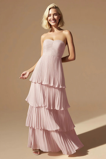 Akaks Veda Mauve Mist Wedding Guest Dress A-Line Strapless Sweetheart Neckline Floor Length Chiffon Dress with Tiered Ruffle Image314327