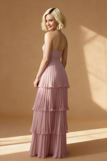 Akaks Veda Mauve Mist Wedding Guest Dress A-Line Strapless Sweetheart Neckline Floor Length Chiffon Dress with Tiered Ruffle Image637012
