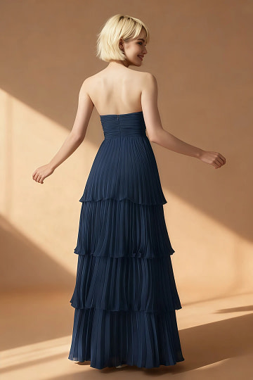 Akaks Veda Navy Blue Wedding Guest Dress A-Line Strapless Sweetheart Neckline Floor Length Chiffon Dress with Tiered Ruffle Image884085