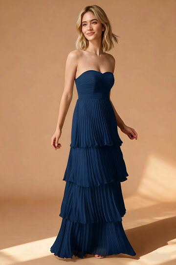 Akaks Veda Navy Blue Wedding Guest Dress A-Line Strapless Sweetheart Neckline Floor Length Chiffon Dress with Tiered Ruffle Image978742