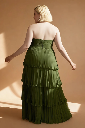 Akaks Veda Olive Green Plus Size Dress for Wedding Guest A-Line Strapless Sweetheart Neckline Floor Length Chiffon Dress with Tiered Ruffle Image186552