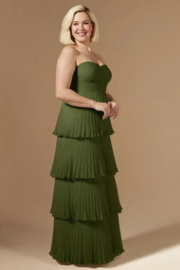 Akaks Veda Olive Green Plus Size Dress for Wedding Guest A-Line Strapless Sweetheart Neckline Floor Length Chiffon Dress with Tiered Ruffle Image621462