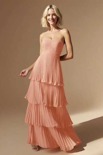 Akaks Veda Peach Pink Wedding Guest Dress A-Line Strapless Sweetheart Neckline Floor Length Chiffon Dress with Tiered Ruffle Image155399