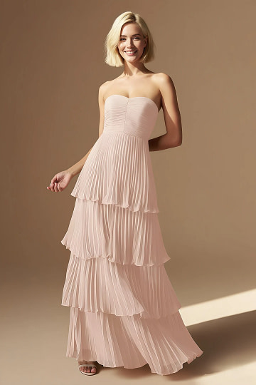 Akaks Veda Pearl Pink Wedding Guest Dress A-Line Strapless Sweetheart Neckline Floor Length Chiffon Dress with Tiered Ruffle Image968584