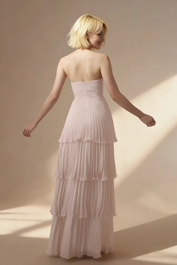 Akaks Veda Pearl Pink Wedding Guest Dress A-Line Strapless Sweetheart Neckline Floor Length Chiffon Dress with Tiered Ruffle Image972261