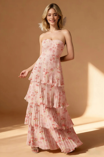 Akaks Veda Pink Floral Dress for Wedding Guest A-Line Strapless Sweetheart Neckline Floor Length Chiffon Dress with Tiered Ruffle Image384636