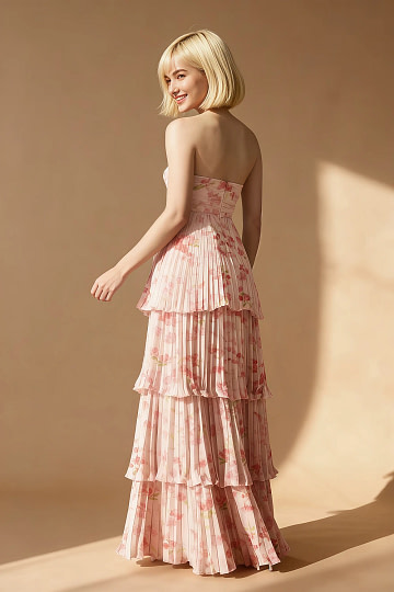Akaks Veda Pink Floral Dress for Wedding Guest A-Line Strapless Sweetheart Neckline Floor Length Chiffon Dress with Tiered Ruffle Image710224
