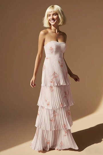 Akaks Veda Pink Floral Wedding Guest Dress A-Line Strapless Sweetheart Neckline Floor Length Chiffon Dress with Tiered Ruffle Image103560