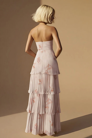 Akaks Veda Pink Floral Wedding Guest Dress A-Line Strapless Sweetheart Neckline Floor Length Chiffon Dress with Tiered Ruffle Image634543
