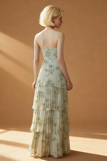 Akaks Veda Pistachio Green Floral Dress for Wedding Guest A-Line Strapless Sweetheart Neckline Floor Length Chiffon Dress with Tiered Ruffle Image439409