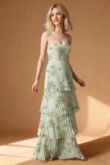 Akaks Veda Pistachio Green Floral Dress for Wedding Guest A-Line Strapless Sweetheart Neckline Floor Length Chiffon Dress with Tiered Ruffle Image480361