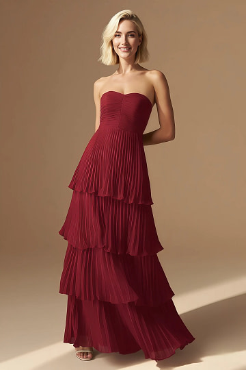 Akaks Veda Pomegranate Wedding Guest Dress A-Line Strapless Sweetheart Neckline Floor Length Chiffon Dress with Tiered Ruffle Image337752