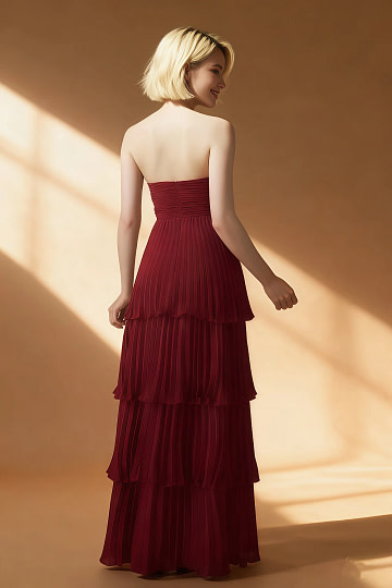 Akaks Veda Pomegranate Wedding Guest Dress A-Line Strapless Sweetheart Neckline Floor Length Chiffon Dress with Tiered Ruffle Image451526