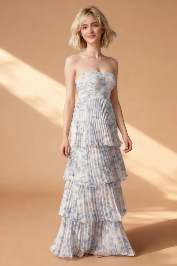 Akaks Veda Purple Floral Wedding Guest Dress A-Line Strapless Sweetheart Neckline Floor Length Chiffon Dress with Tiered Ruffle Image263184
