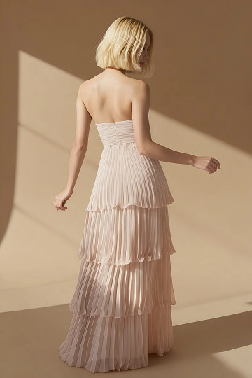 Akaks Veda Rose Petal Wedding Guest Dress A-Line Strapless Sweetheart Neckline Floor Length Chiffon Dress with Tiered Ruffle Image710293