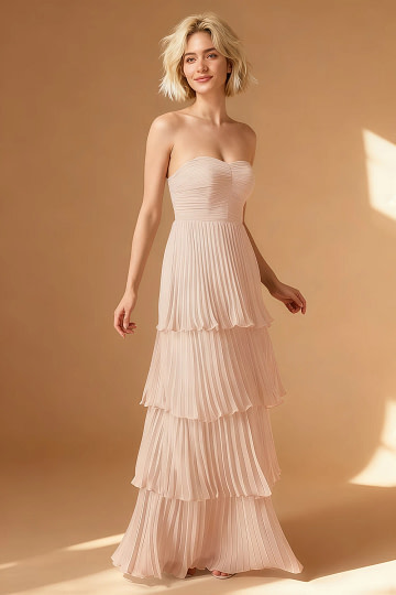 Akaks Veda Rose Petal Wedding Guest Dress A-Line Strapless Sweetheart Neckline Floor Length Chiffon Dress with Tiered Ruffle Image951341