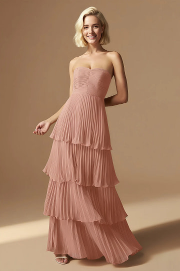 Akaks Veda Rose Pink Wedding Guest Dress A-Line Strapless Sweetheart Neckline Floor Length Chiffon Dress with Tiered Ruffle Image733117
