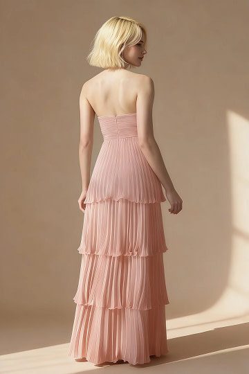 Akaks Veda Rose Pink Wedding Guest Dress A-Line Strapless Sweetheart Neckline Floor Length Chiffon Dress with Tiered Ruffle Image817919