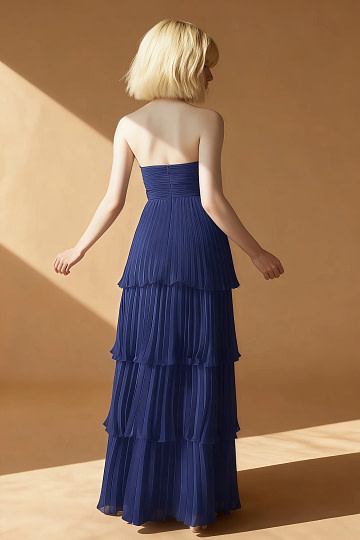 Akaks Veda Royal Blue Wedding Guest Dress A-Line Strapless Sweetheart Neckline Floor Length Chiffon Dress with Tiered Ruffle Image236815