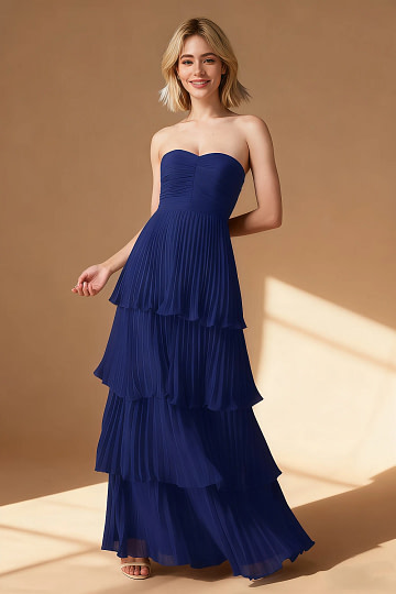 Akaks Veda Royal Blue Wedding Guest Dress A-Line Strapless Sweetheart Neckline Floor Length Chiffon Dress with Tiered Ruffle Image867776