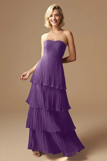 Akaks Veda Royal Purple Wedding Guest Dress A-Line Strapless Sweetheart Neckline Floor Length Chiffon Dress with Tiered Ruffle Image101637