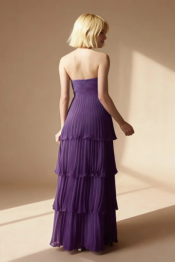Akaks Veda Royal Purple Wedding Guest Dress A-Line Strapless Sweetheart Neckline Floor Length Chiffon Dress with Tiered Ruffle Image147120