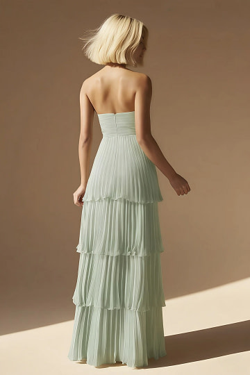 Akaks Veda Sage Green Dresses for Wedding Guest A-Line Strapless Sweetheart Neckline Floor Length Chiffon Dress with Tiered Ruffle Image920877