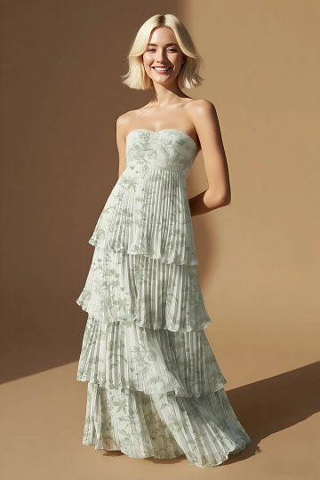 Akaks Veda Sage Green Floral Wedding Guest Dress A-Line Strapless Sweetheart Neckline Floor Length Chiffon Dress with Tiered Ruffle Image868457