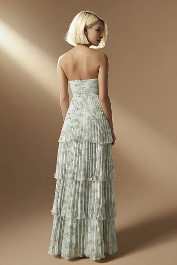 Akaks Veda Sage Green Floral Wedding Guest Dress A-Line Strapless Sweetheart Neckline Floor Length Chiffon Dress with Tiered Ruffle Image951601