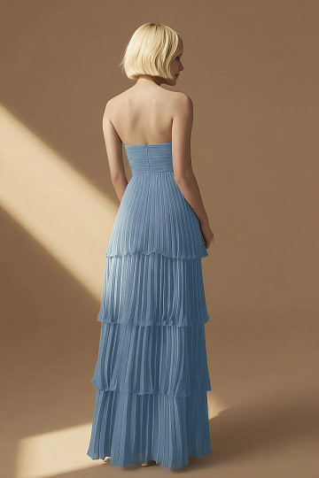 Akaks Veda Steel Blue Dress for Wedding Guest A-Line Strapless Sweetheart Neckline Floor Length Chiffon Dress with Tiered Ruffle Image221424